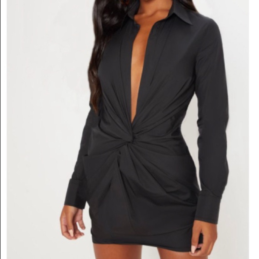 Black Plunge Knot Detail Shirt Dress